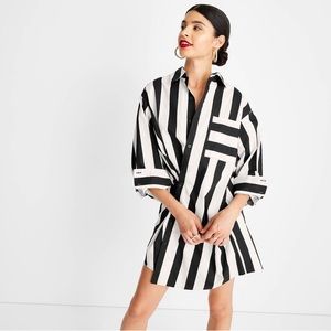 Striped Asymmetrical Long Sleeve Shirtdress - Kahlana Barfield Brown B/W SZ. 14